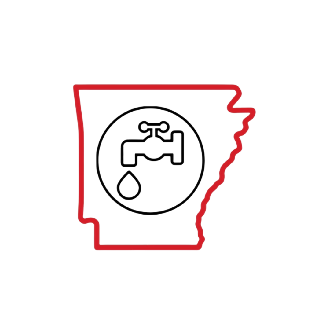 An arkansas map with a faucet and a drop of water in a circle.