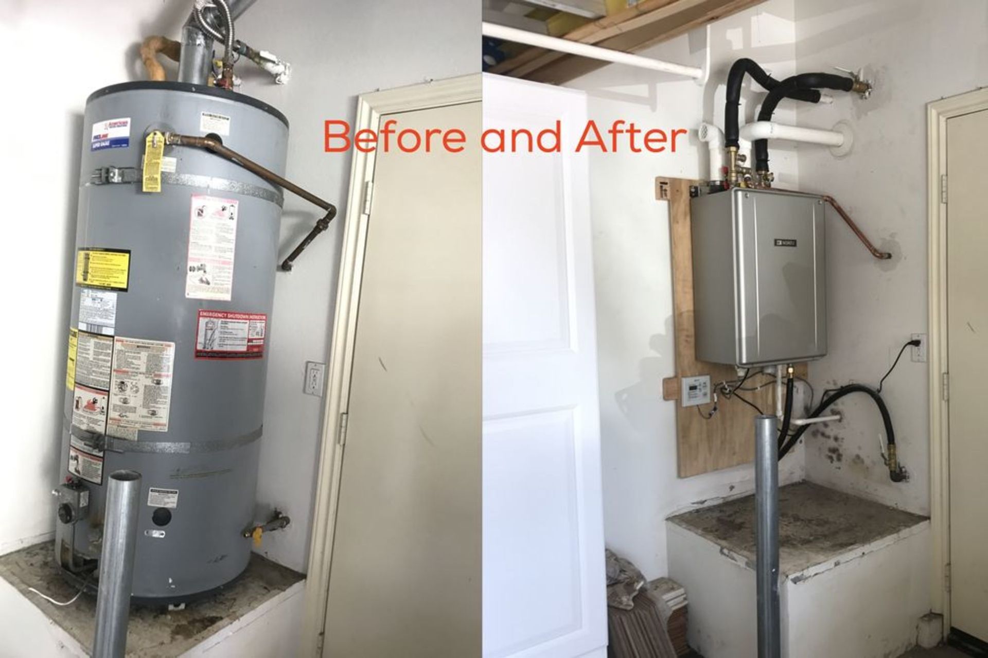 A before and after picture of a water heater in a bathroom.
