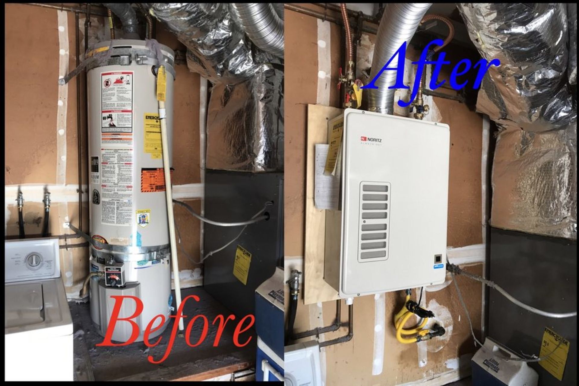 A before and after picture of a water heater in a room.