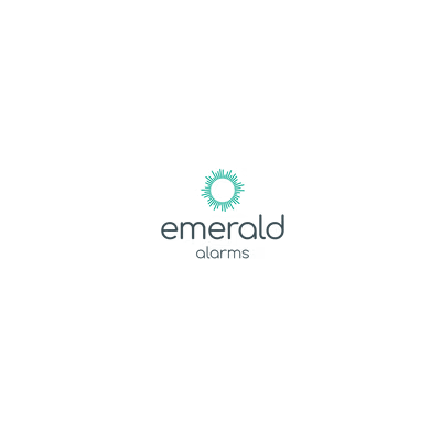Emerald Alarms logo: teal sunburst design above the company name in gray text.