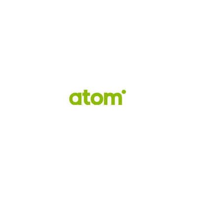 Atom Bank logo, green text on white background.