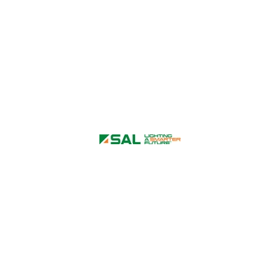 Logo for SAL Lighting, with green and orange elements and the tagline 