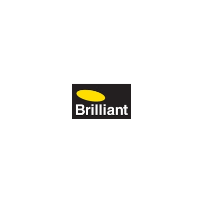 Brilliant logo: black rectangle with yellow oval above the white word 