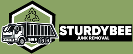 The logo for sturdybee junk removal shows a truck with a recycling symbol on it.