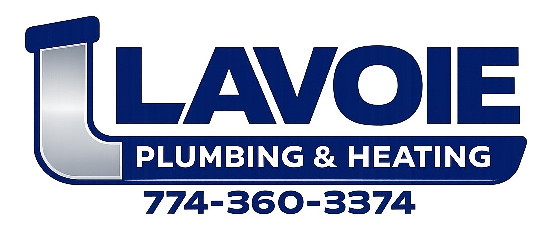 Logo for Lavoie Plumbing & Heating with a stylized pipe icon and the phone number 774-360-3374.