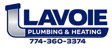 Logo for Lavoie Plumbing & Heating with a stylized pipe icon and the phone number 774-360-3374.