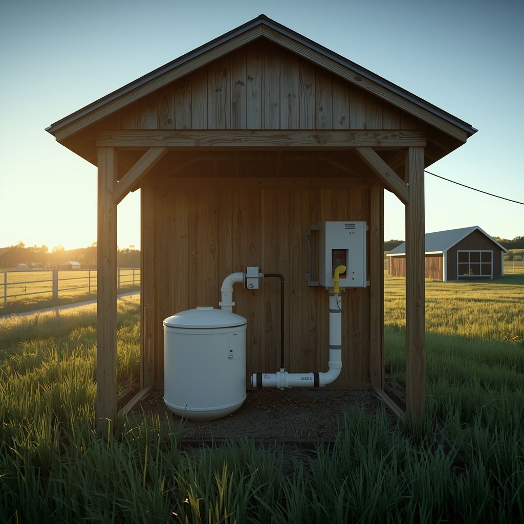 Industrial utility room with a blue pressurized tank, pumps, complex piping systems, and wall-mounted gauges.