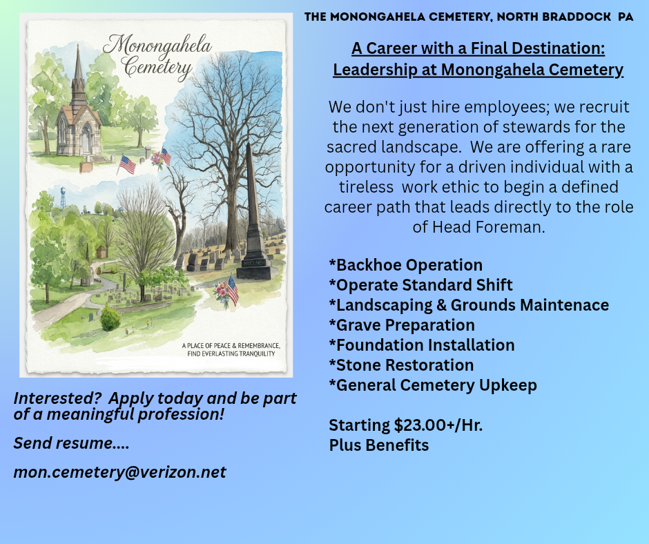 Flyer for Monongalia Cemetery hiring groundskeepers, with cemetery illustration and job duties listed.
