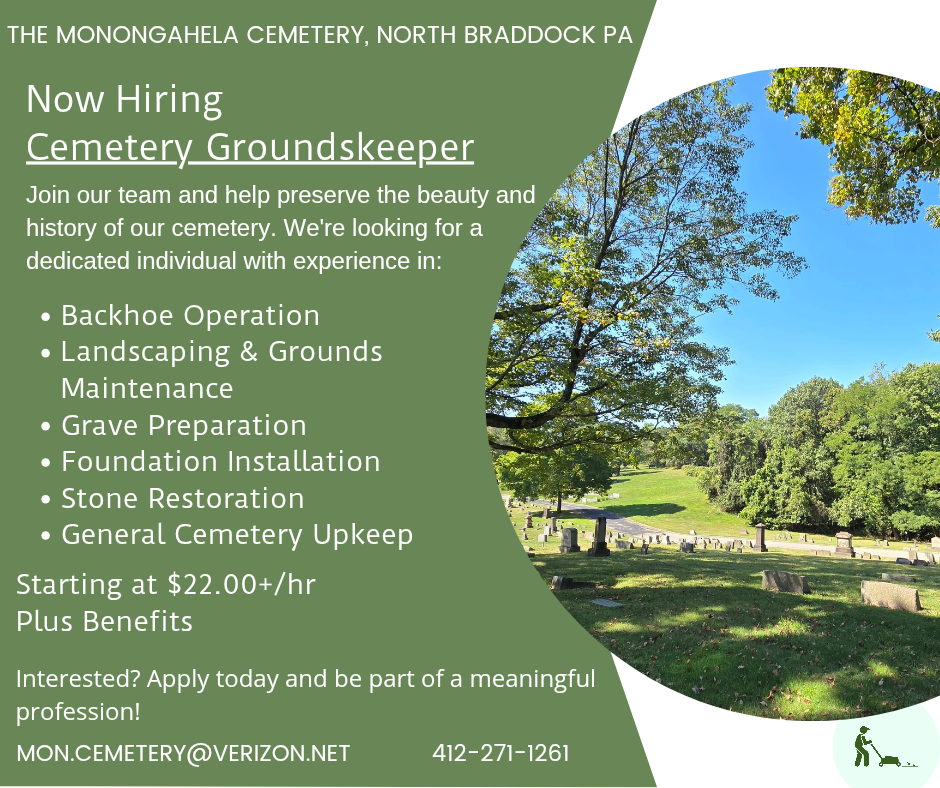 An advertisement for monongahela cemetery in north braddock pa