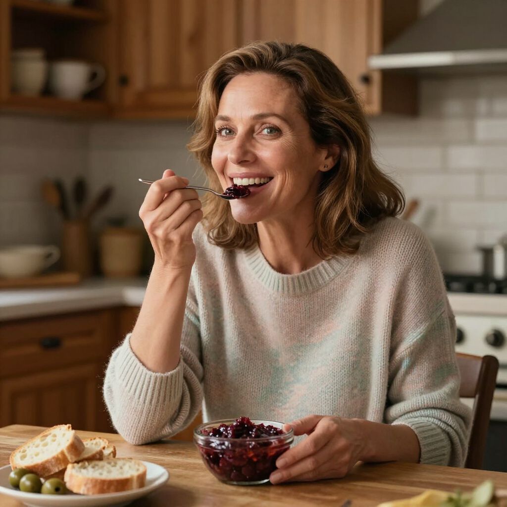 Een vrouw eet lachend uit een schaal met bessen in een keuken. Op tafel liggen sneetjes brood en olijven.