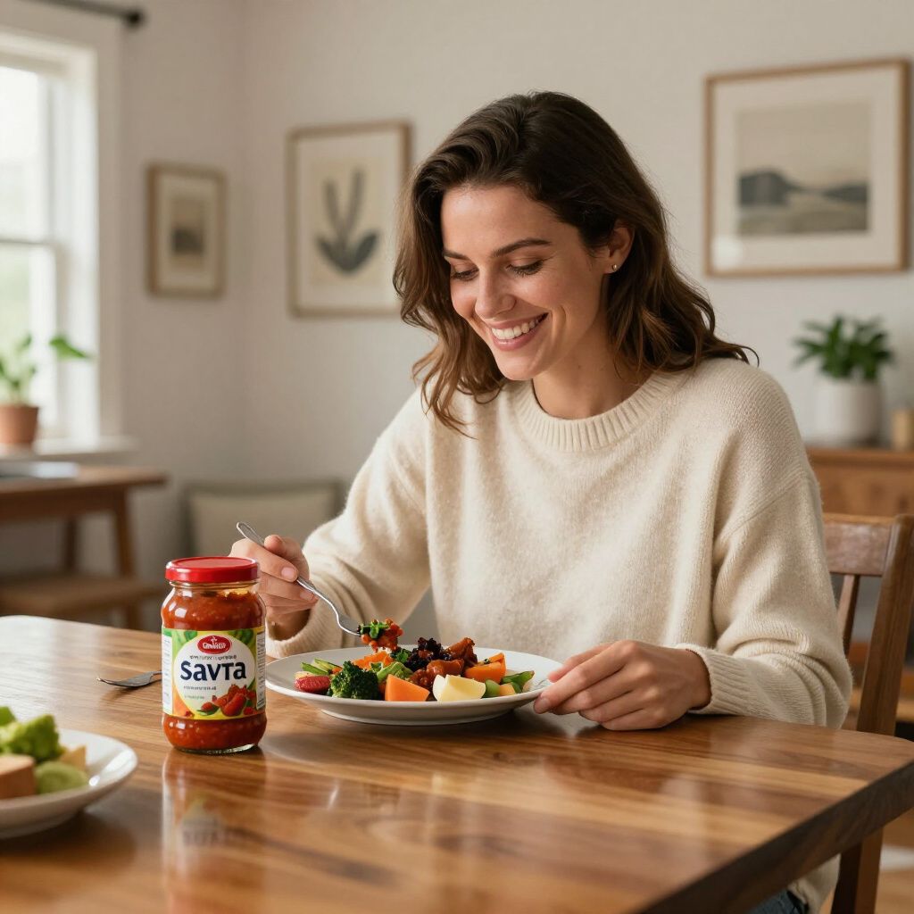 Een vrouw glimlacht terwijl ze aan een houten tafel eet. Een pot saus staat ernaast.