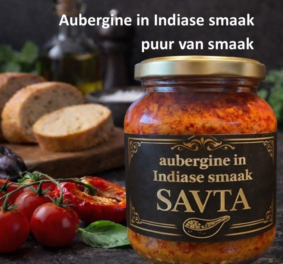 Pot aubergine met Indiase smaak, met het etiket 