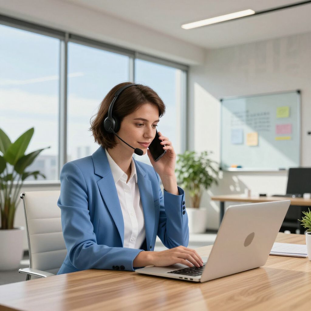 Vrouw in blauwe blazer, met headset, aan de telefoon en typend op een laptop in een kantooromgeving.