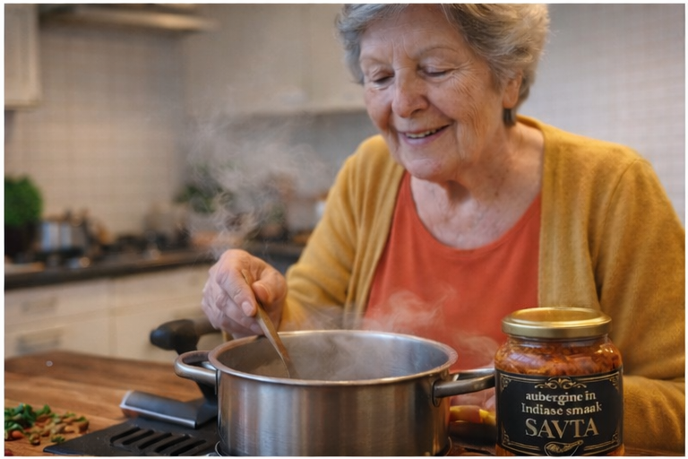 Vrouw roert in een pan met eten; keukensetting. Een pot met eten, gemerkt met 