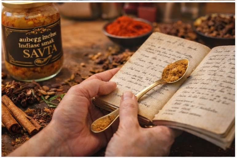 Handen houden een lepel kruiden vast boven een open kookboek, een pot 