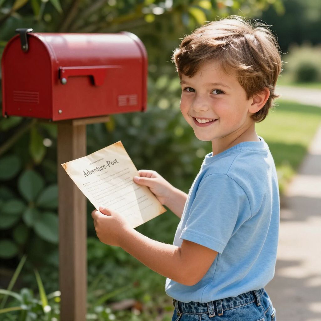 Boy holding a letter smiles next to a red mailbox on a sunny day.