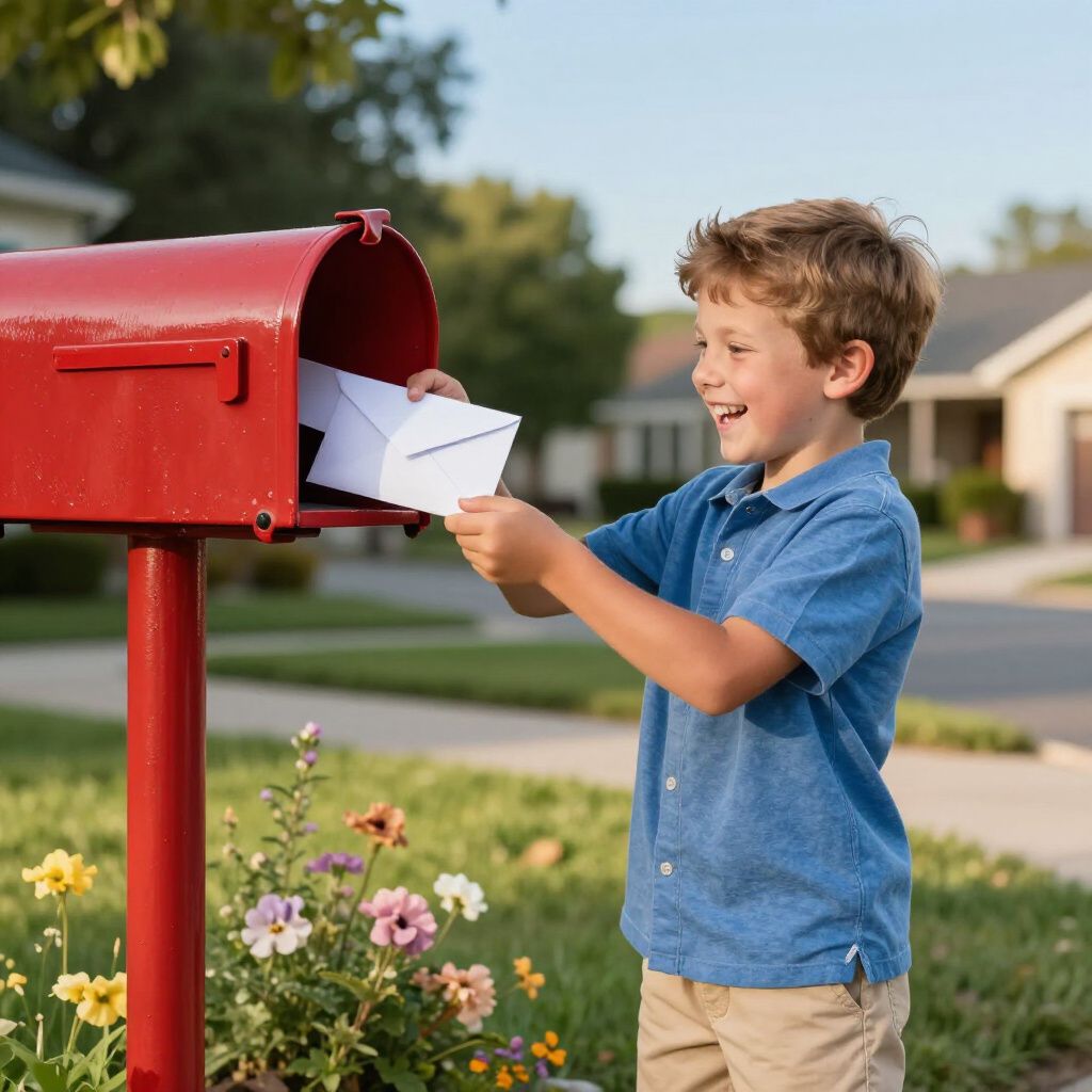Boy putting letter in red mailbox, smiling outside house.