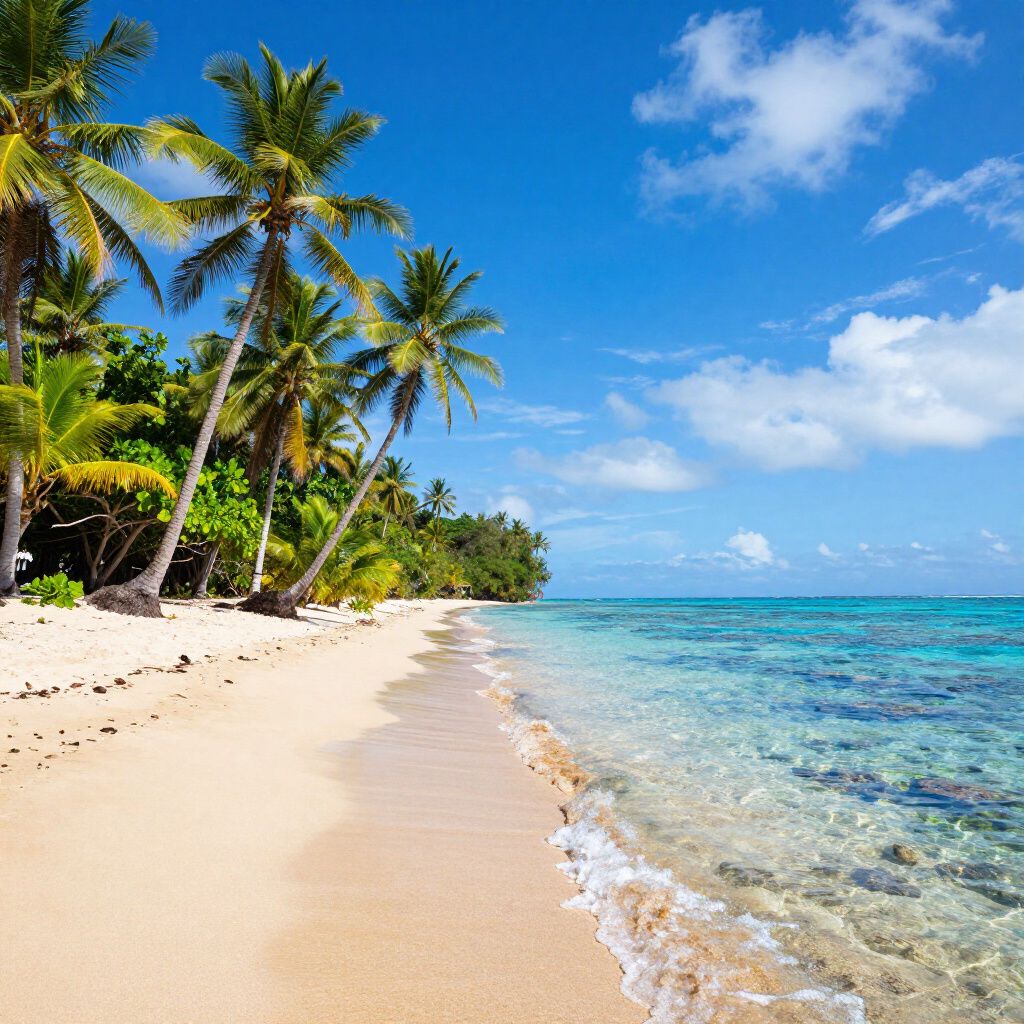 Sandy beach with palm trees and clear turquoise water under a blue sky.