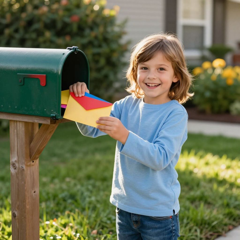 Child placing mail into a green mailbox; smiling.
