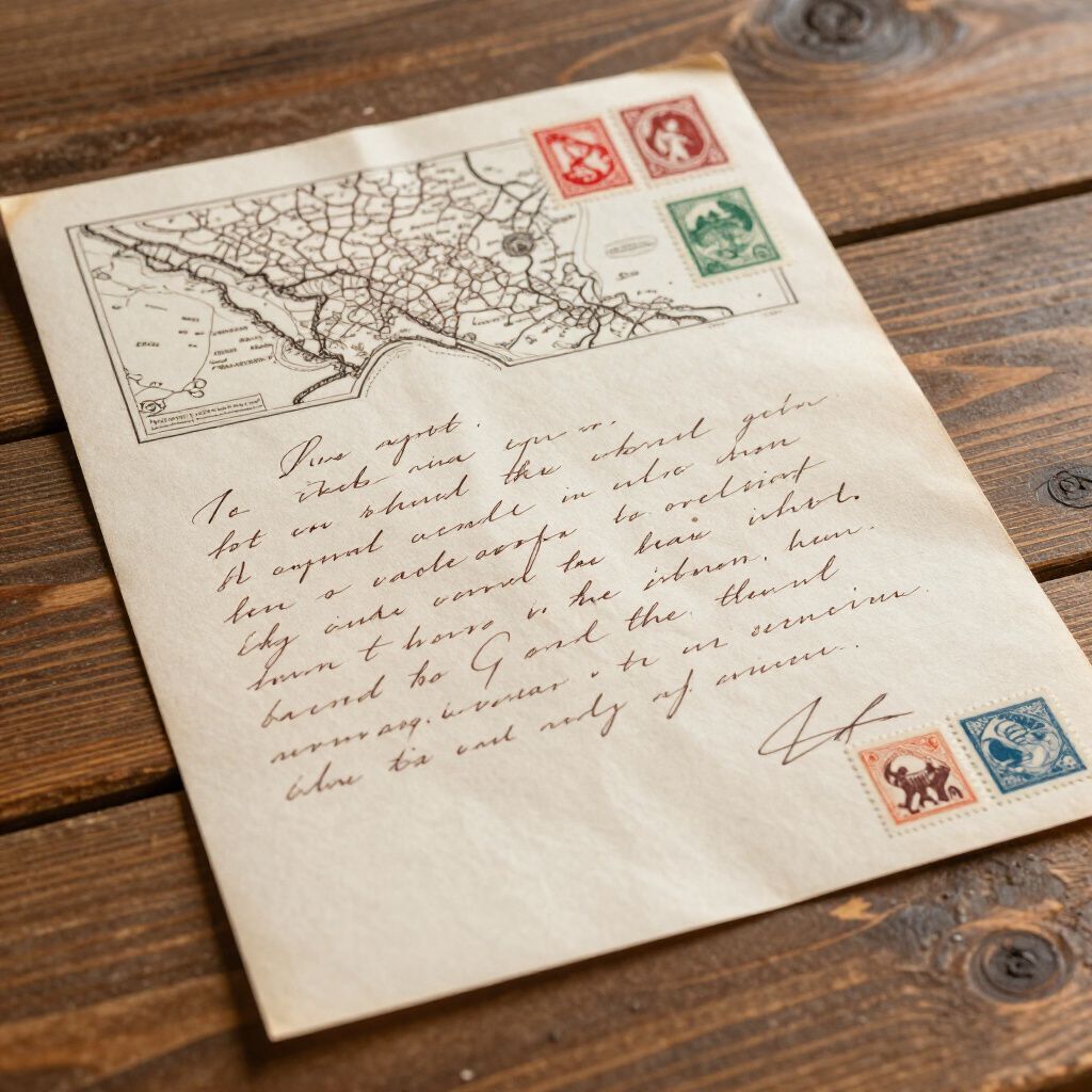 Old letter with map, stamps, and handwritten text on wood surface.