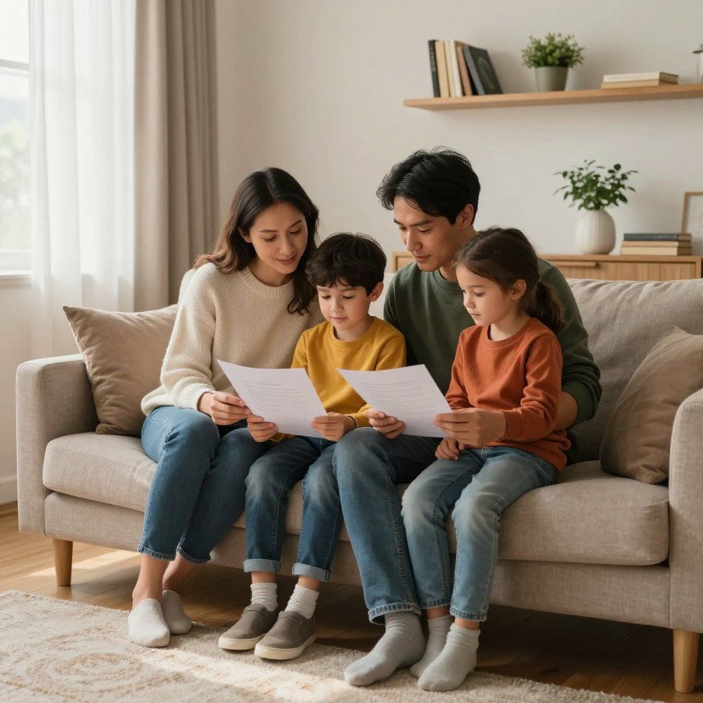 Family sitting on a couch, looking at papers. Interior setting, neutral tones.