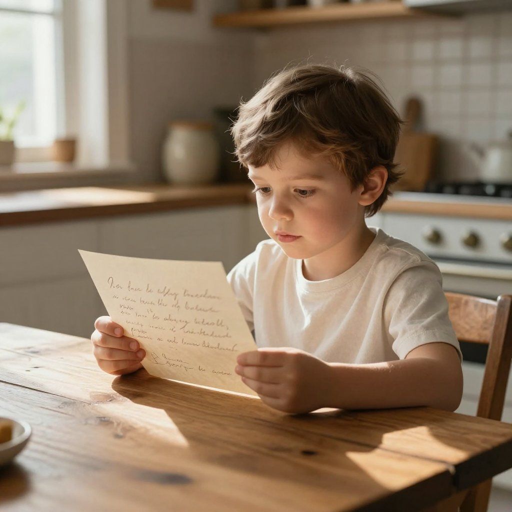 Boy in white shirt reads a letter at a wooden table in a sunlit kitchen.