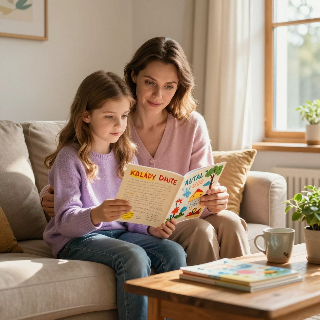 Woman and child reading a book together on a couch in a well-lit living room.