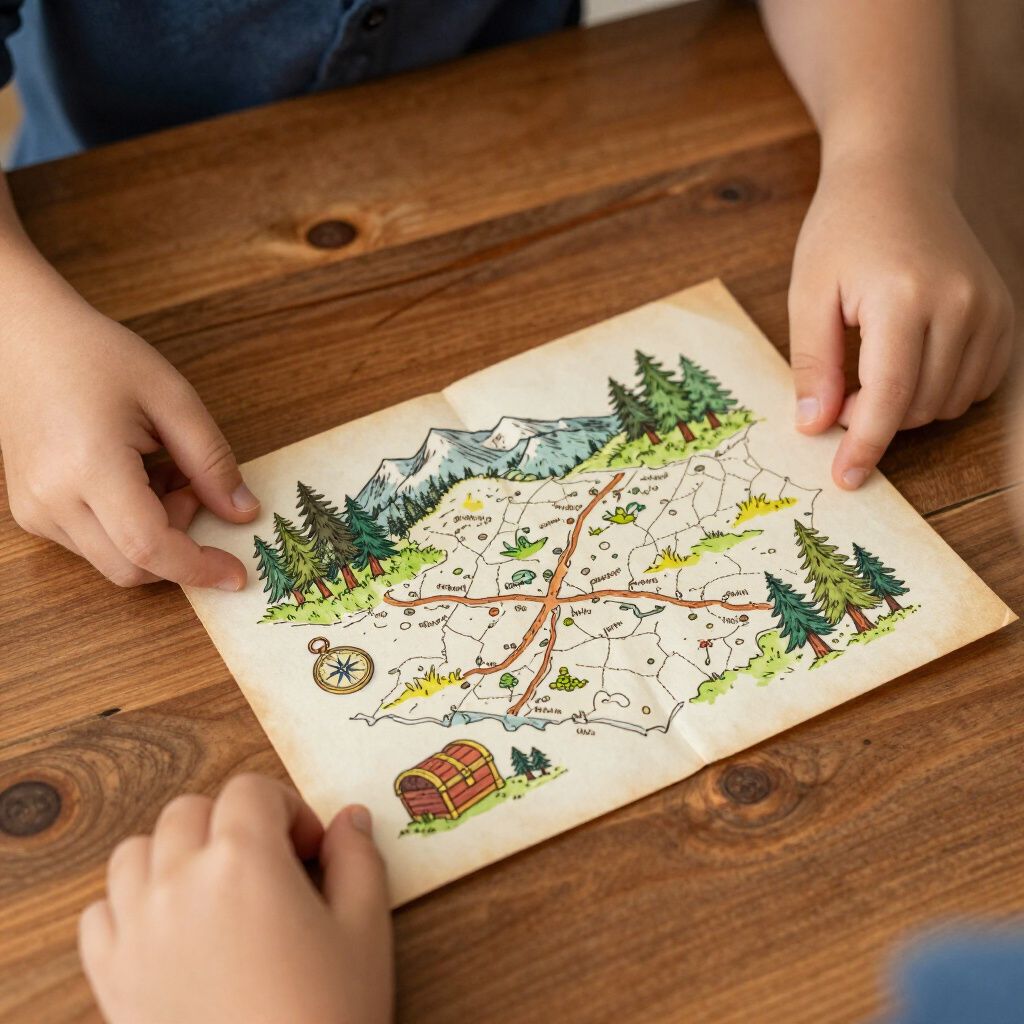 Hands holding a treasure map on a wooden table, featuring mountains, trees, and a treasure chest.