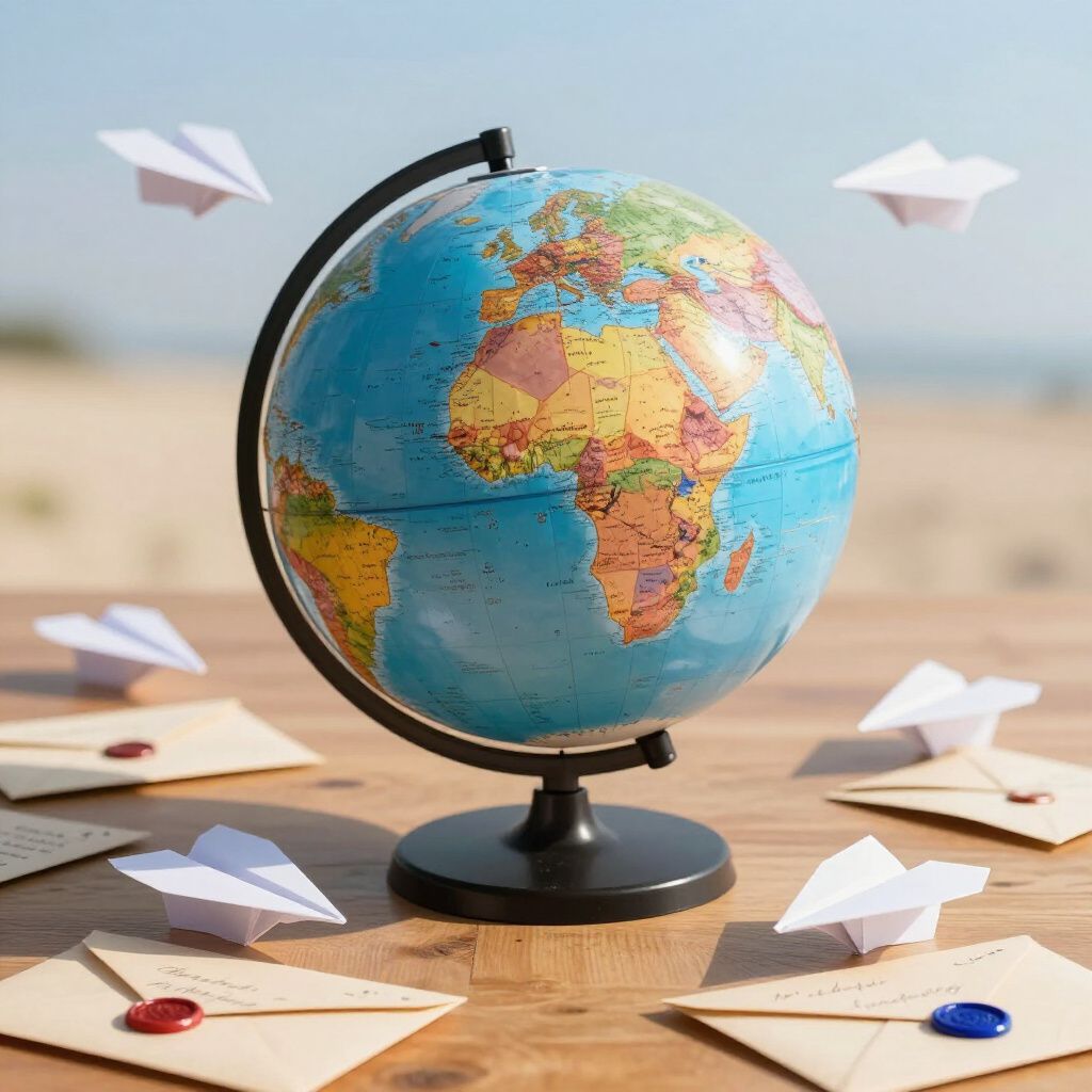 Globe surrounded by paper airplanes and envelopes, suggesting travel and correspondence.