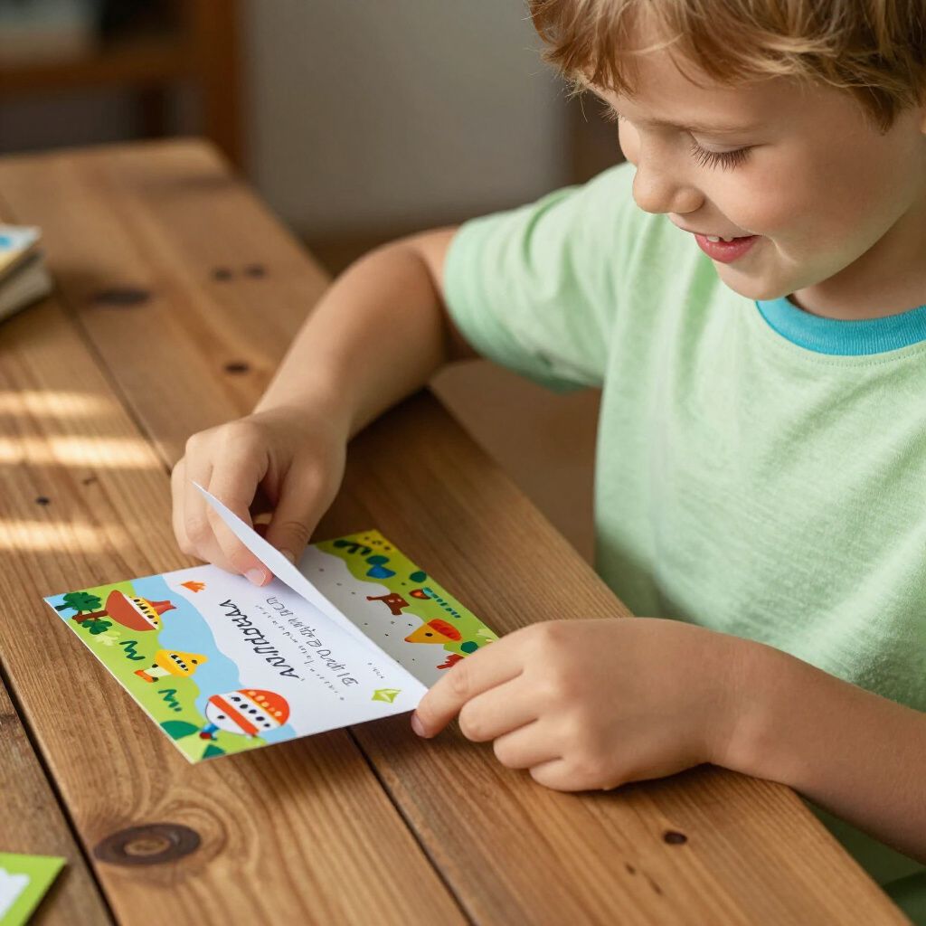 Young child smiles while opening a colorful book at a wooden table.