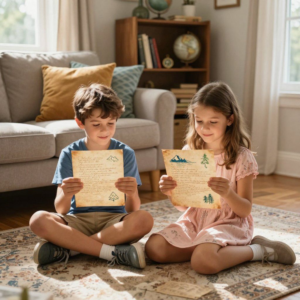 Two children sit on a rug, reading aged letters. Living room setting with a couch and bookshelf.