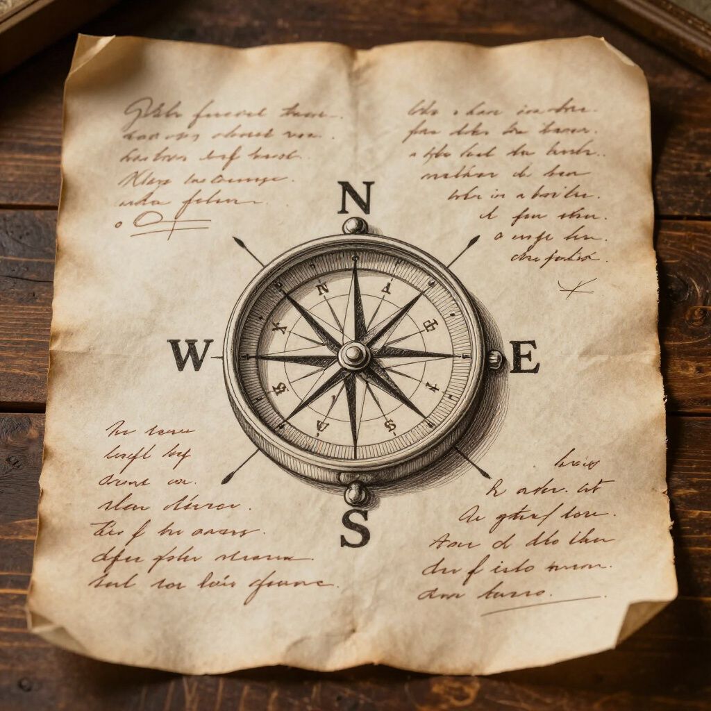Compass rose illustration on aged paper with handwritten text.