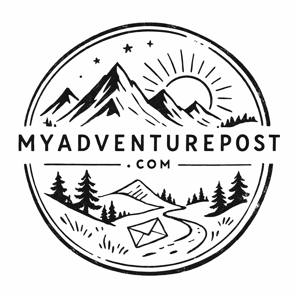 Logo with mountains, sun, airplane, compass, and envelope; text reads