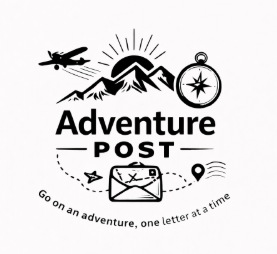 Logo with mountains, sun, airplane, compass, and envelope; text reads 