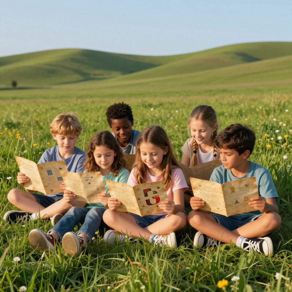Children sitting in a grassy field, looking at maps; rolling green hills in background.
