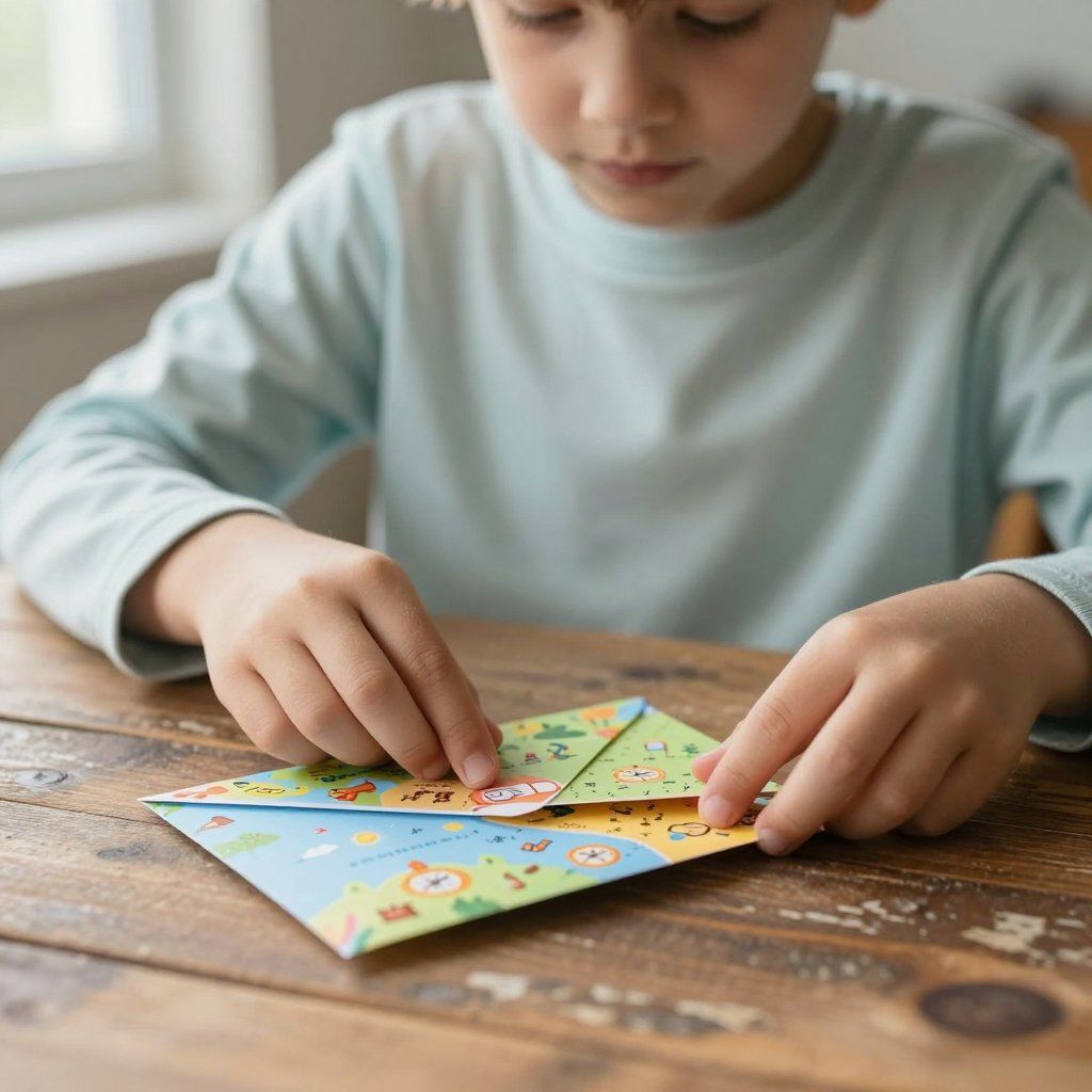 Boy folding colorful paper at a wooden table near a window.