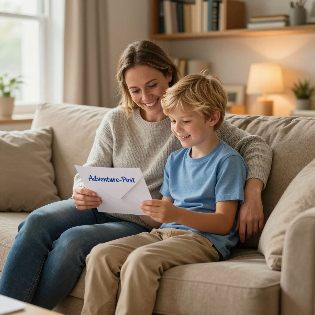 Woman and boy reading a letter on a couch. The letter says “Adventure Time”. They are smiling.