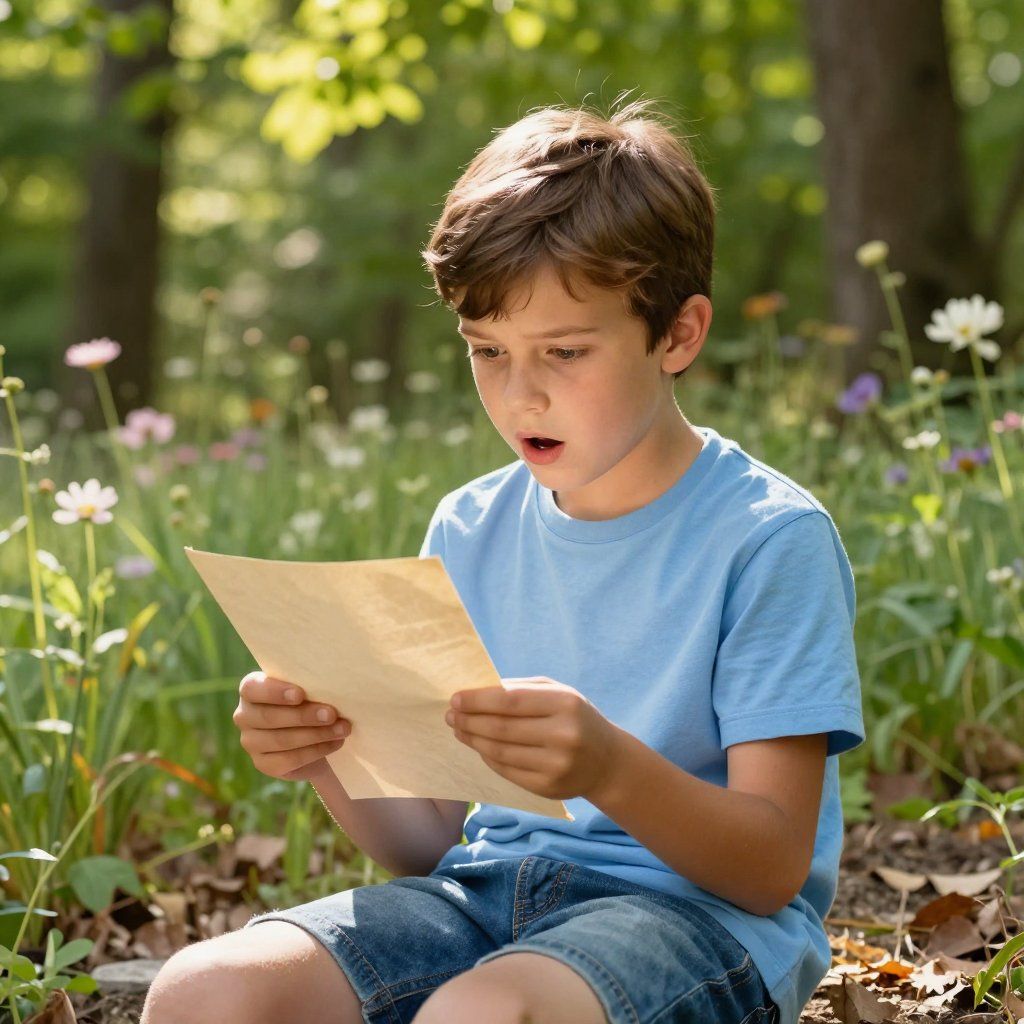 Boy with surprised expression reading a handwritten note in a forest setting.