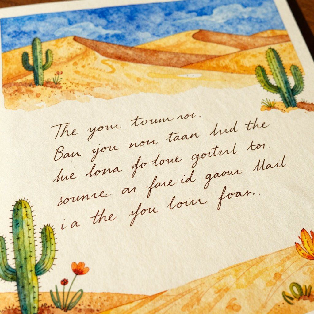 Watercolor desert landscape with handwritten text. Two cacti frame the scene.
