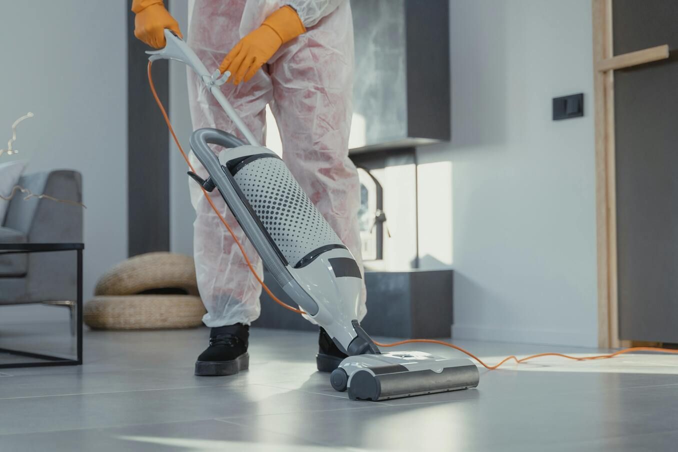 A professional cleaner using a vacuum