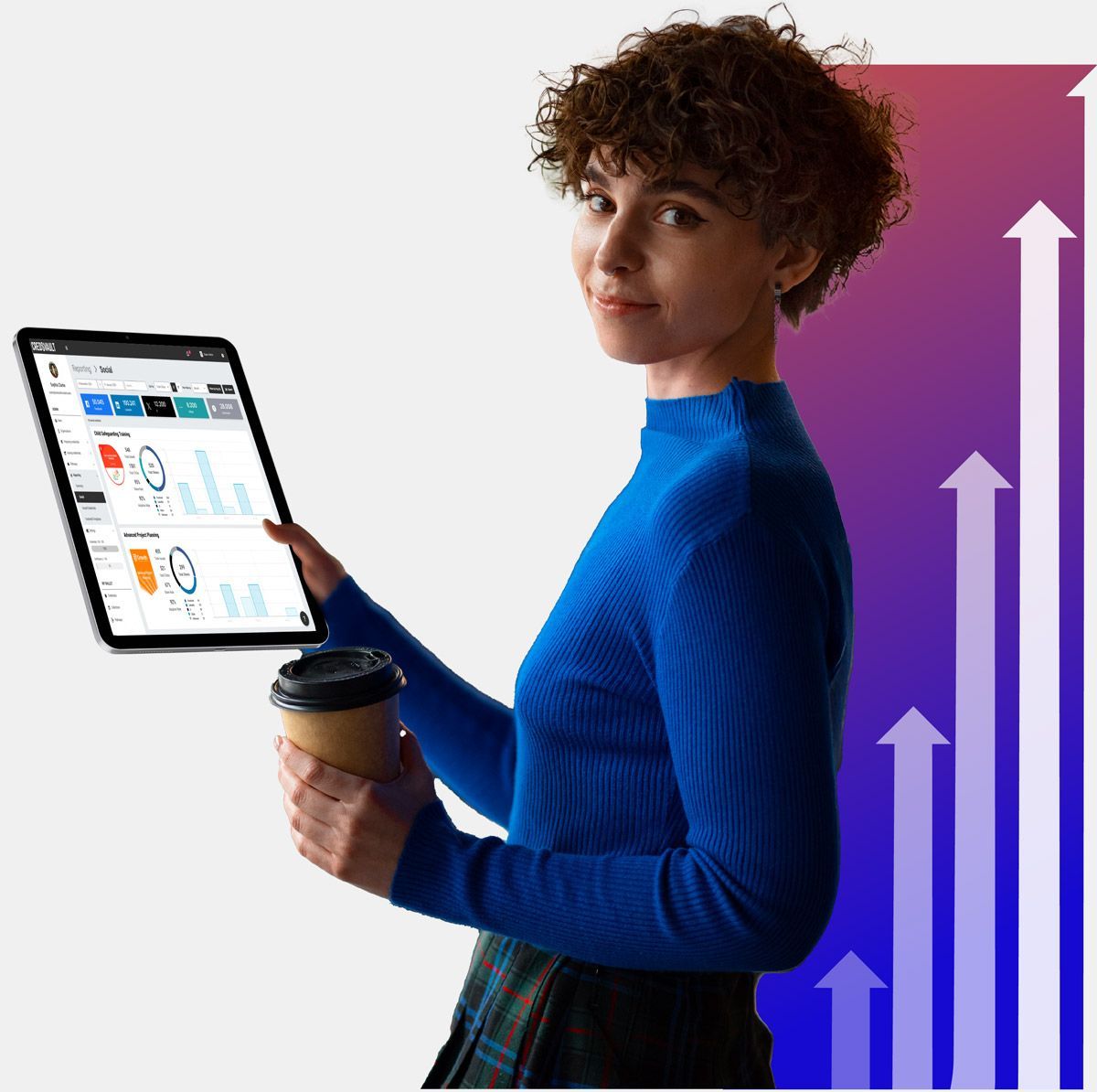 Woman holding tablet showing charts