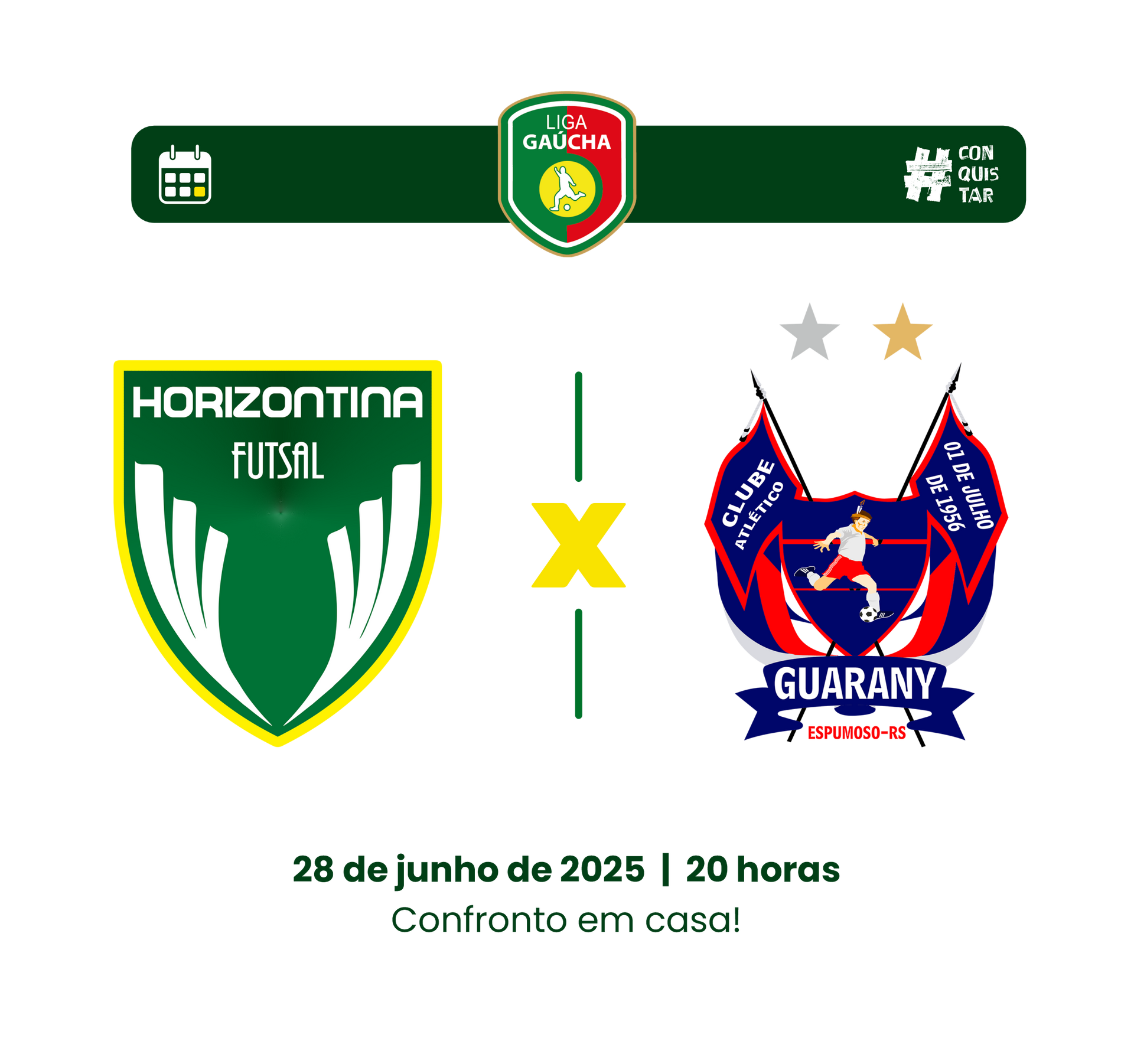 Próxima partida da liga gaúcha:
Horizontina e Guarany Espumoso, dia 28 de junho, em casa.