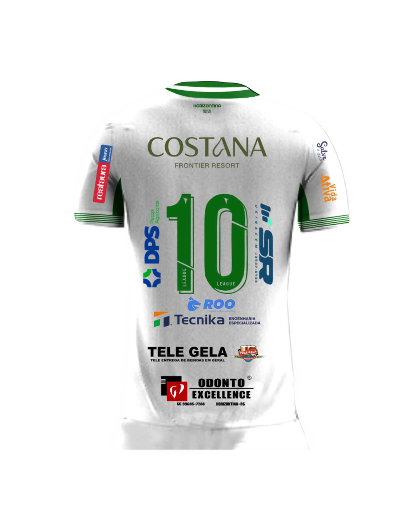 Uma camisa de futebol branca com linhas verdes.