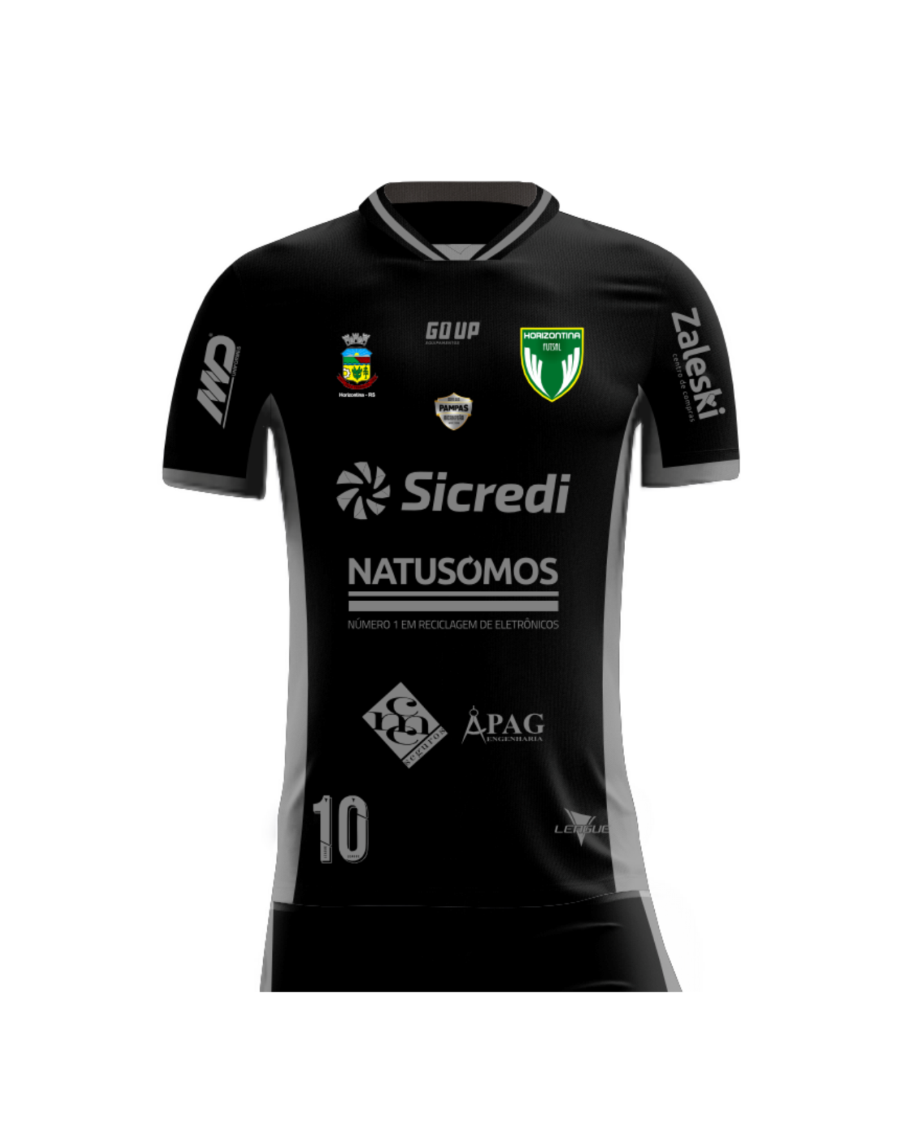 Uma camisa de futebol preta com linhas cinzas.