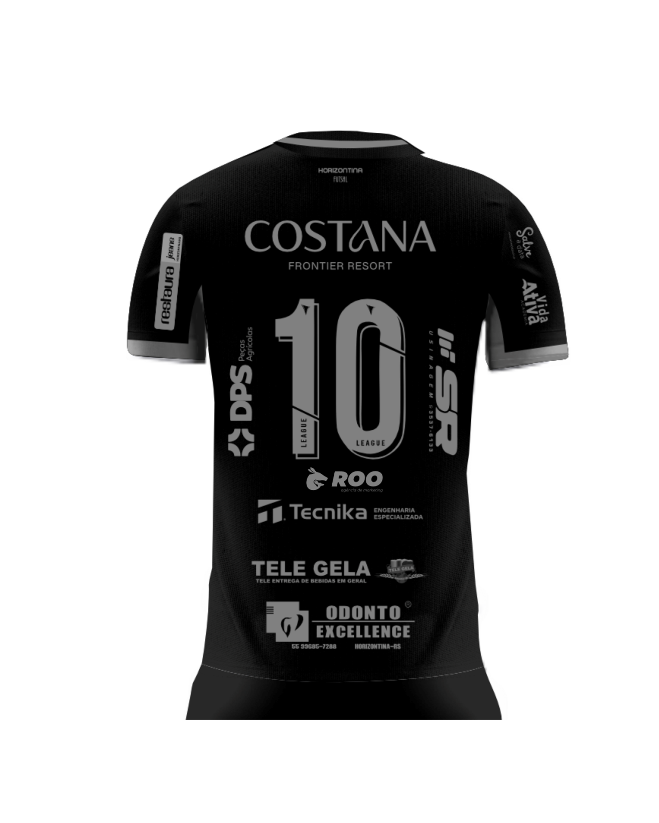 Uma camisa de futebol preta com linhas cinzas.