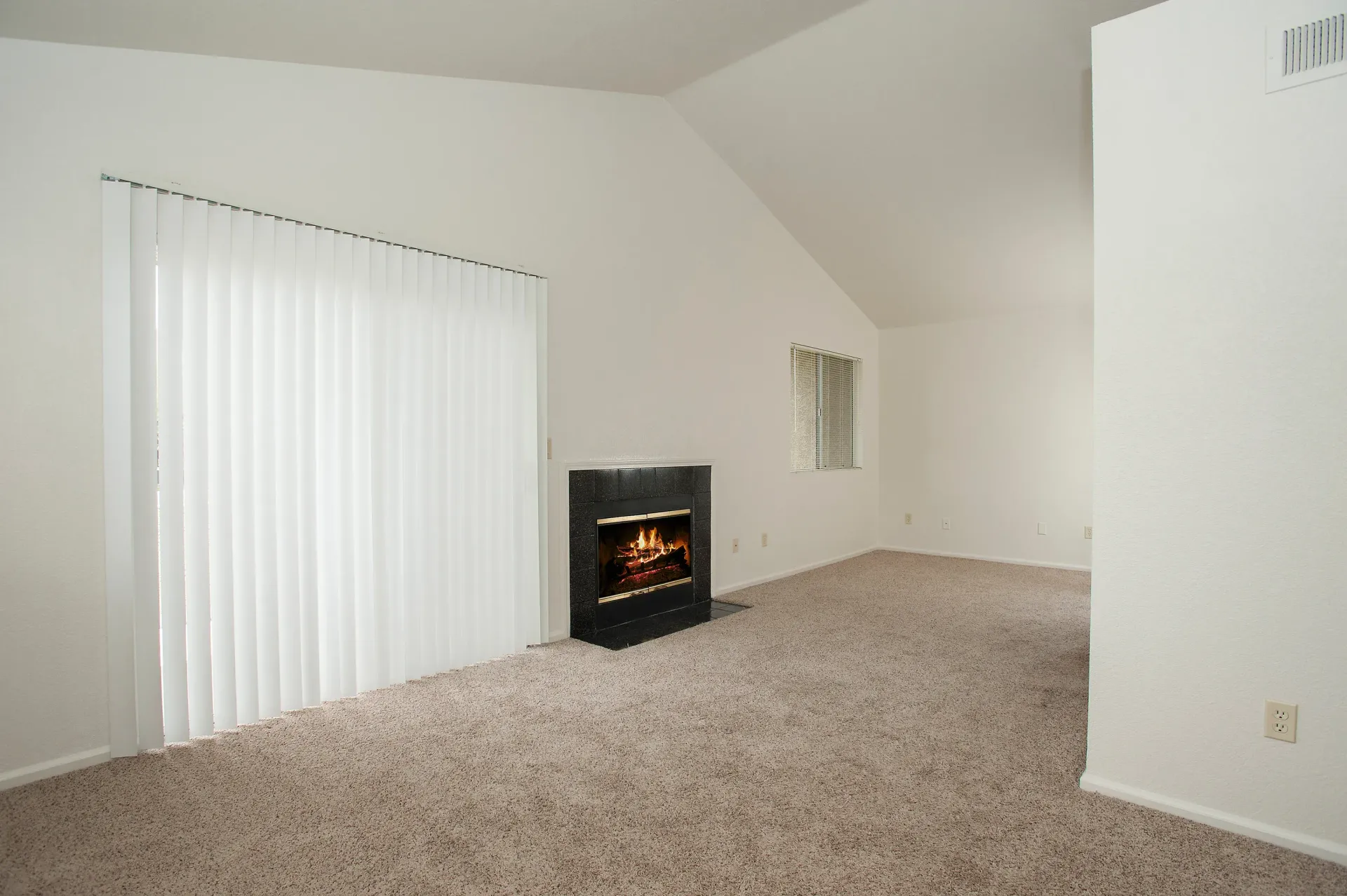 Living room with carpet, white walls, vertical blinds, and a gas fireplace.