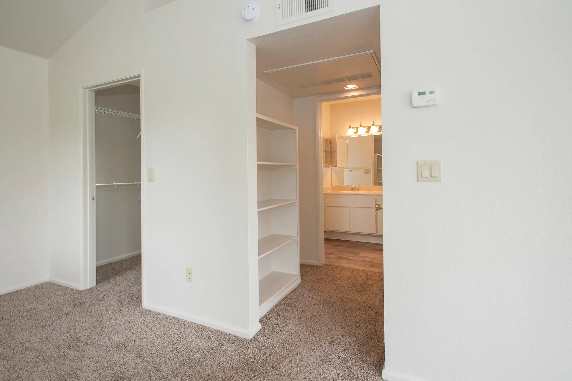 Carpeted living area with open closet shelves and view into the bathroom vanity.