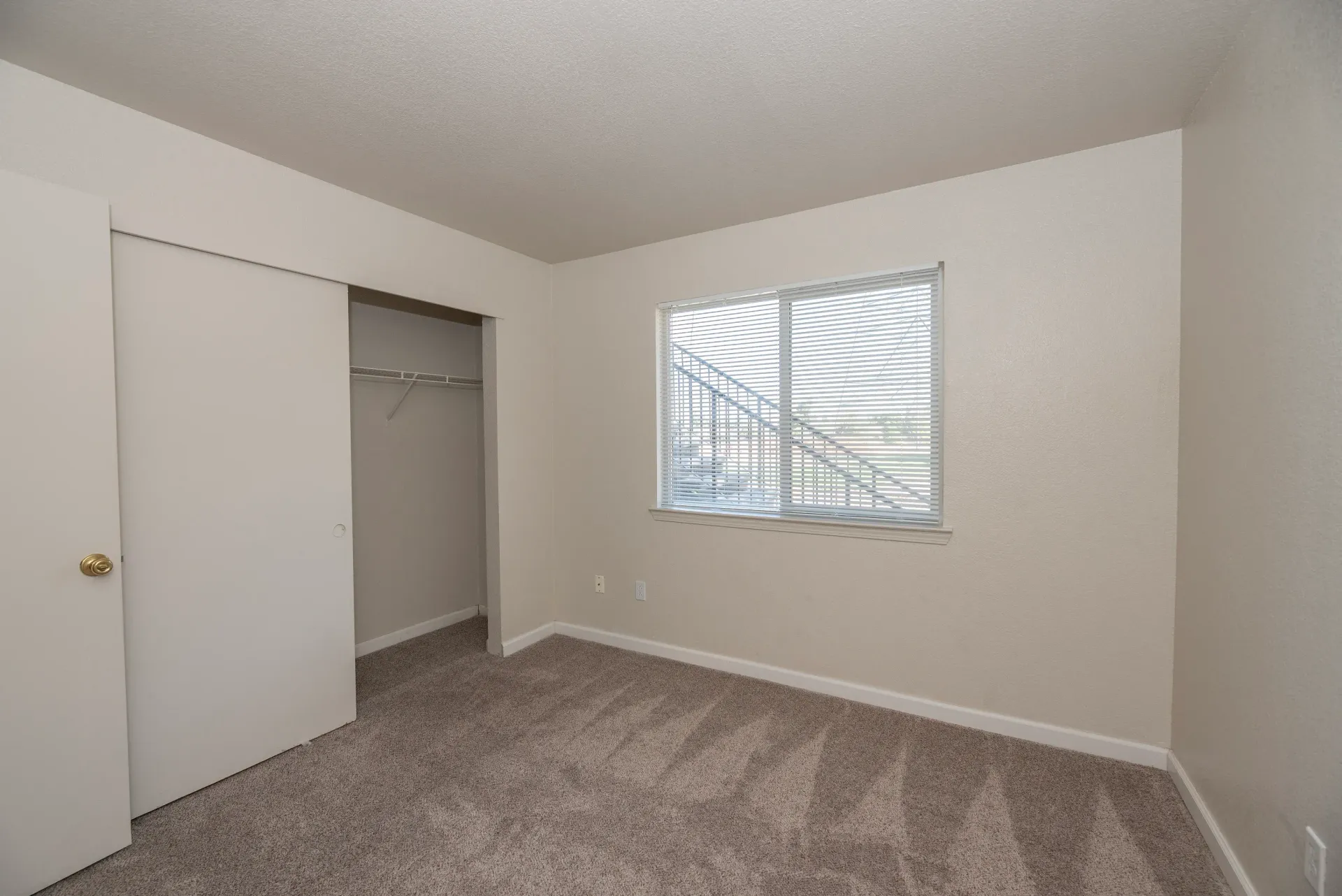 Empty bedroom with beige walls, carpet, closet, and a window with blinds.