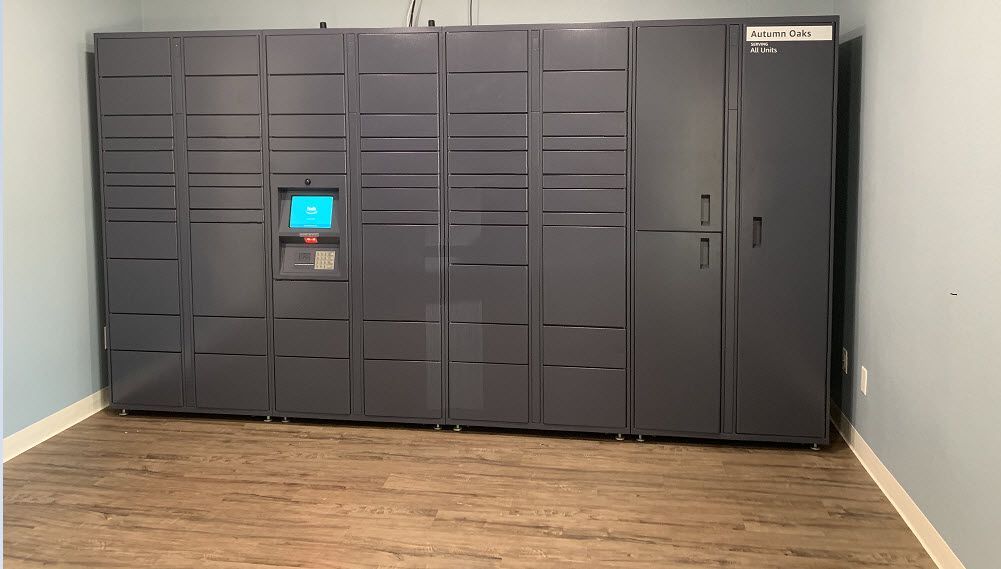 Row of dark gray package lockers with a touchscreen kiosk in a blue-walled room.