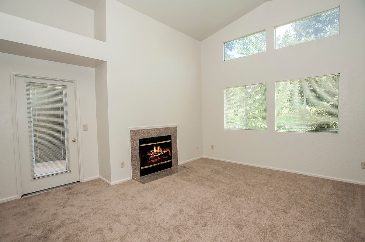 Bright living room with beige carpet, a fireplace, and tall windows bringing in natural light.